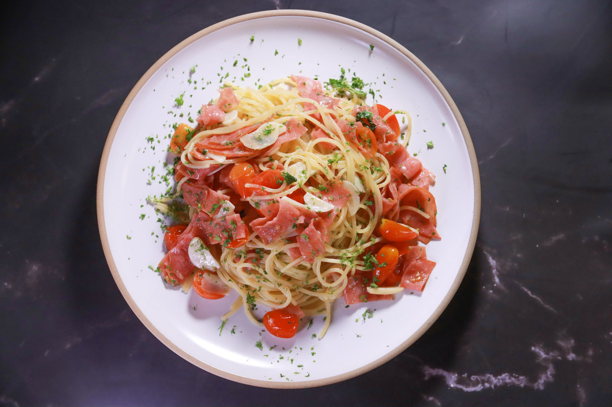 Spaghetti Aglio Olio with Smoked Chicken
